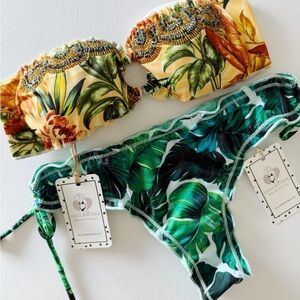 NWT Leaf Tropical Embroidered Swimsuit Colombian Bikini Set Beaded Swimwear